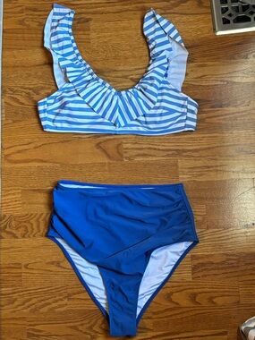 Blue Striped Ruffle Bikini Top with Solid Royal High-Waist Bottom